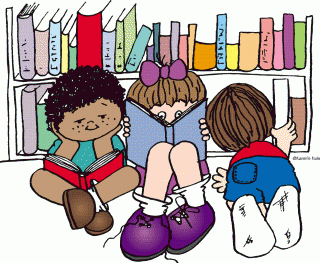 Animated picture of kids looking at a book shelf